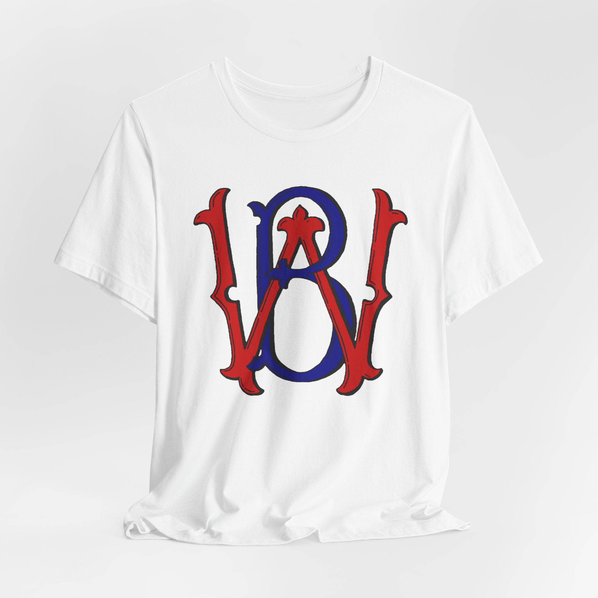 WB Patriotic Monogram Tee — Red & Blue Vintage Star Initials T-Shirt
