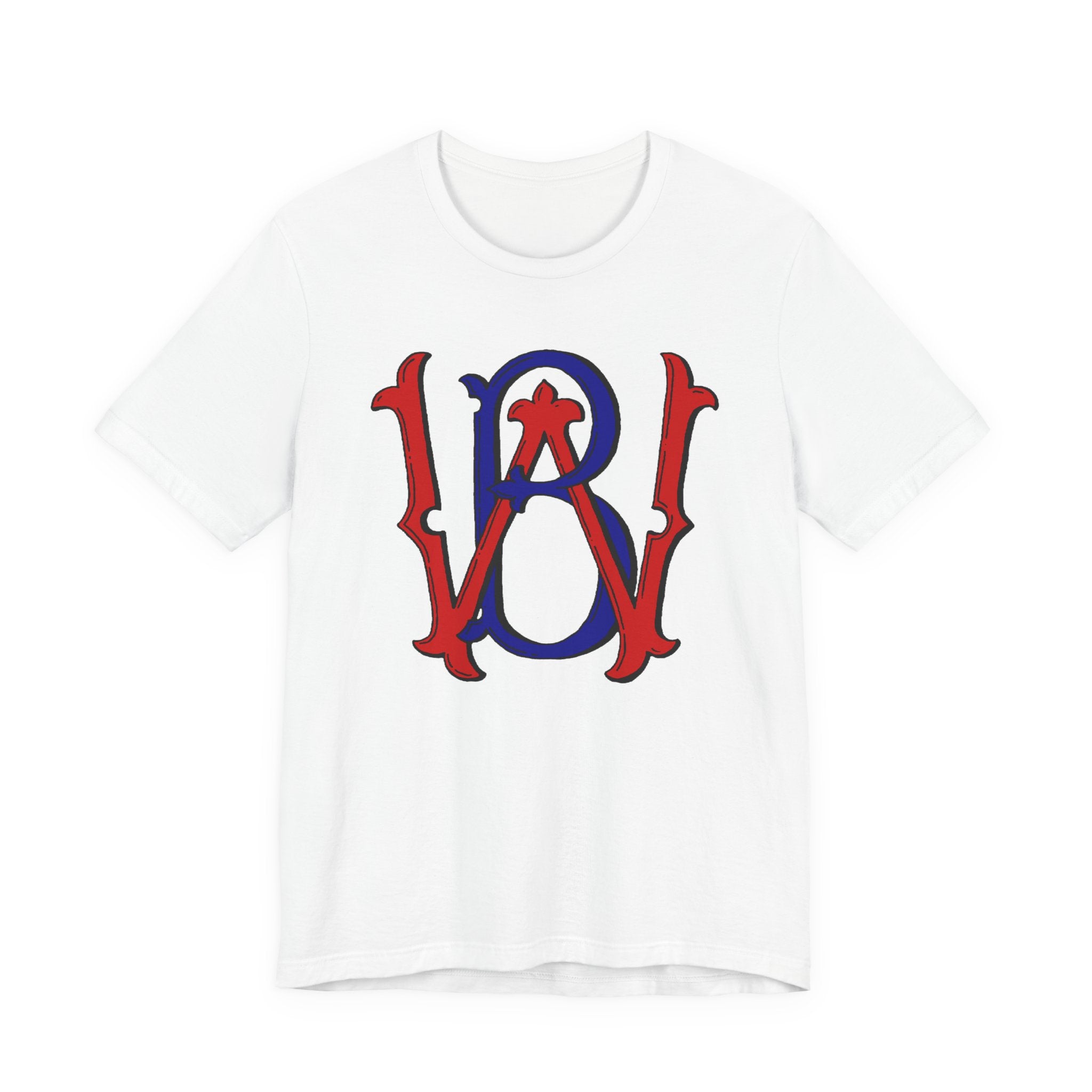 WB Patriotic Monogram Tee — Red & Blue Vintage Star Initials T-Shirt